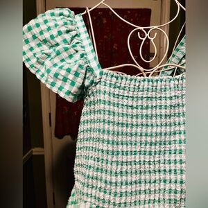 Old Navy Green and White Gingham Checkered Seersucker Flutter Sleeve Dress L